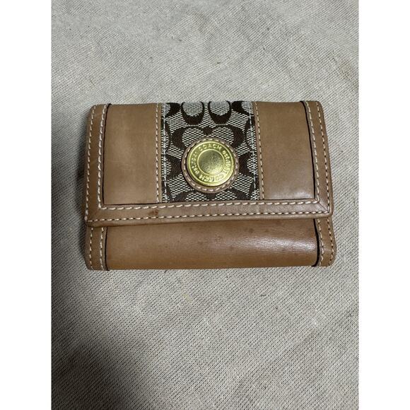 Coach Wallet Womens Brown Tan Signature C Leather Trifold Snap Coin Pocket - Picture 1 of 8